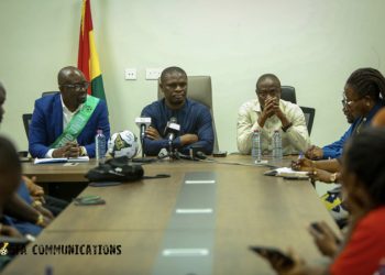 Sports Minister Mustapha Ussif congratulates Kurt Okraku on re-election as WAFU Zone B president