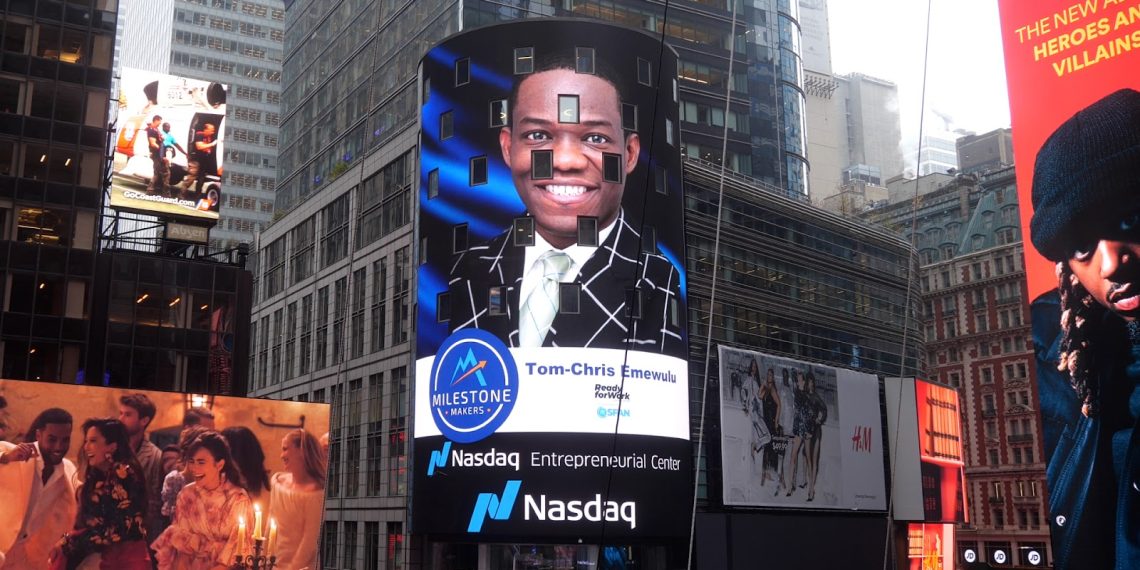 Tom-Chris Emewulu, the visionary founder of Ghana’s edtech social enterprise Stars From All Nations featured on NY Times Square