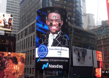 Tom-Chris Emewulu, the visionary founder of Ghana’s edtech social enterprise Stars From All Nations featured on NY Times Square
