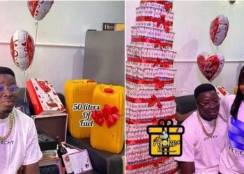 Photos: Lady gifts boyfriend money cake, 50 litres of fuel, other items for valentine