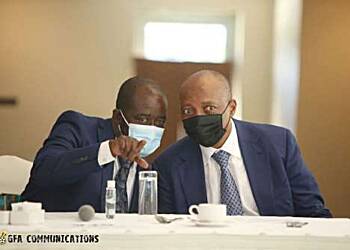 CAF President Patrice Motsepe congratulates Kurt Okraku on re-election as GFA president