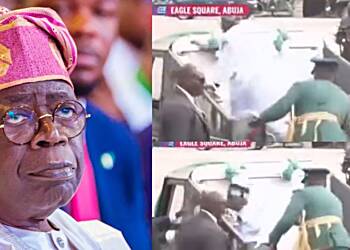 President Tinubu falls while climbing parade car for Democracy Day celebration today