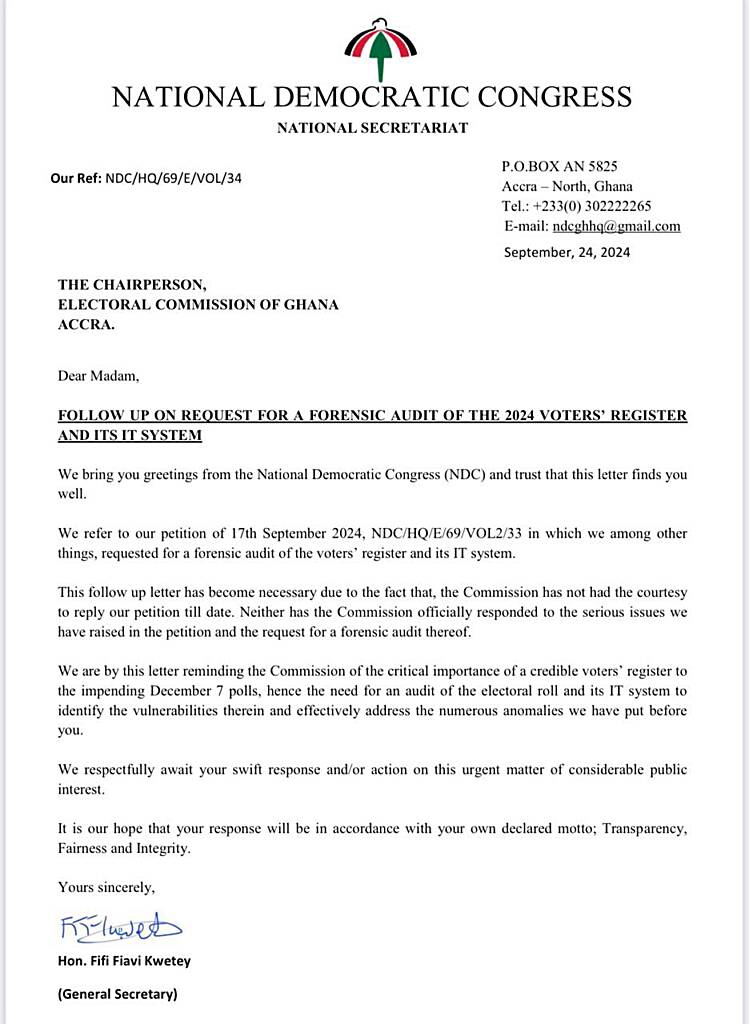 NDC follows up on its request  for a forensic audit of the 2024 voters register
