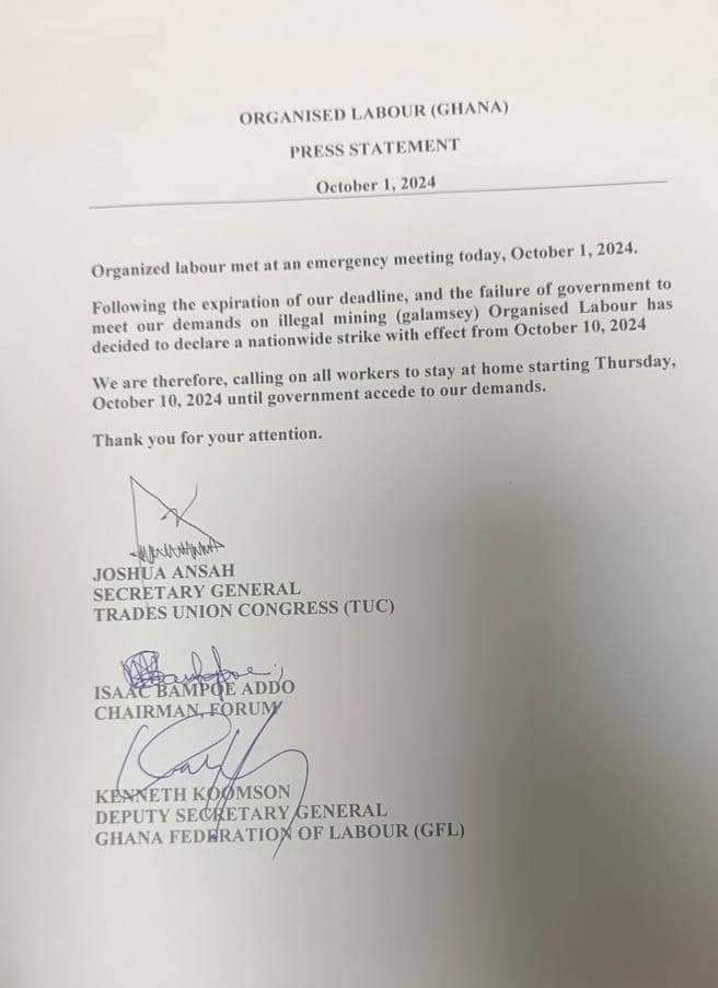 Organized Labour announces nationwide strike beginning October 10