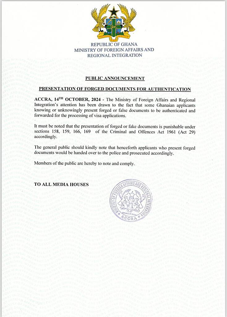 Ministry of Foreign Affairs warns against forged documents for Visa Applications