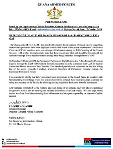 Speaker formally requested for security assistance- Ghana Armed Forces
