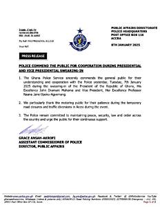 Police commend public for good conduct during President Mahama’s inauguration