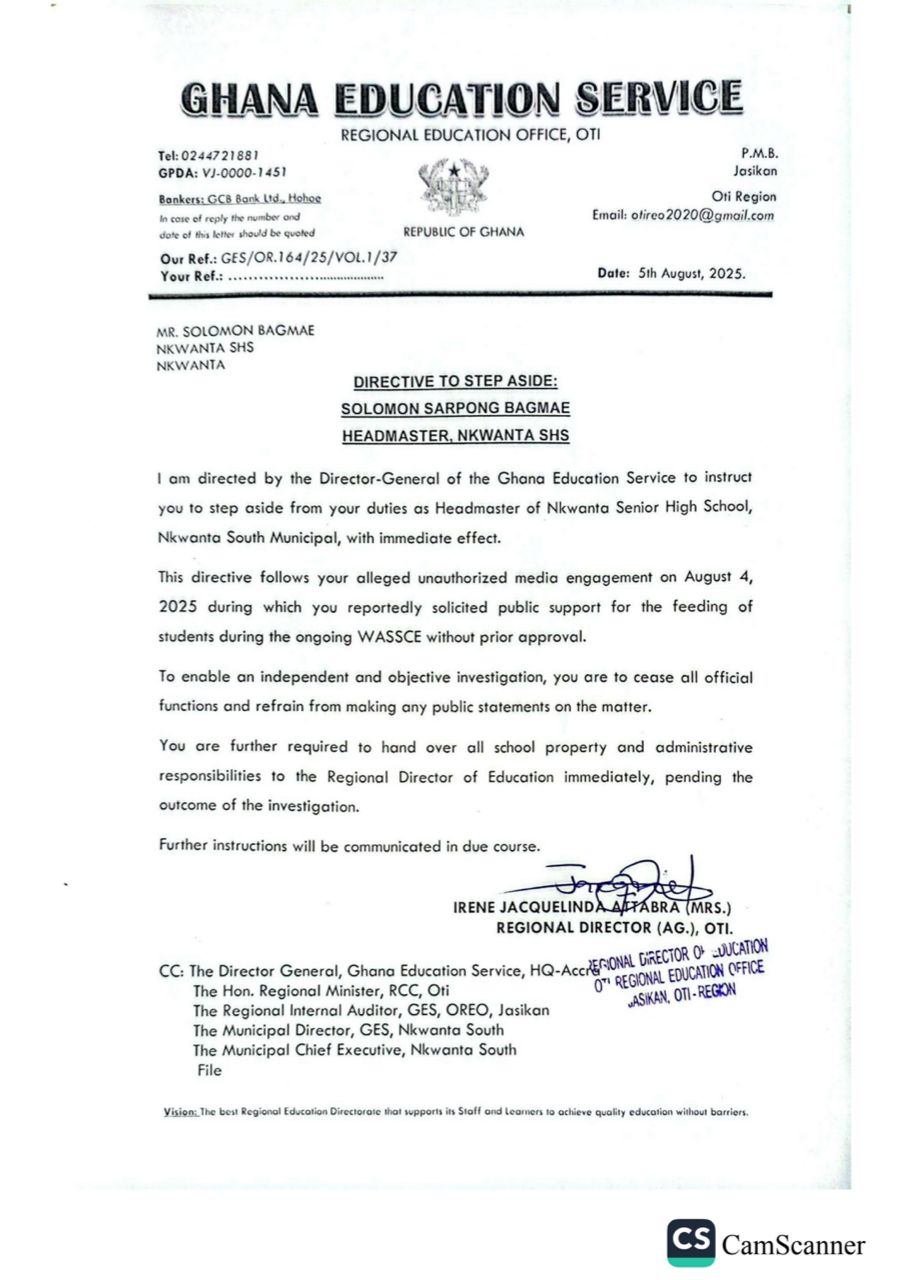 GES Suspends Nkwanta SHS Headmaster Over Unapproved Public Appeal for Student Feeding Support
