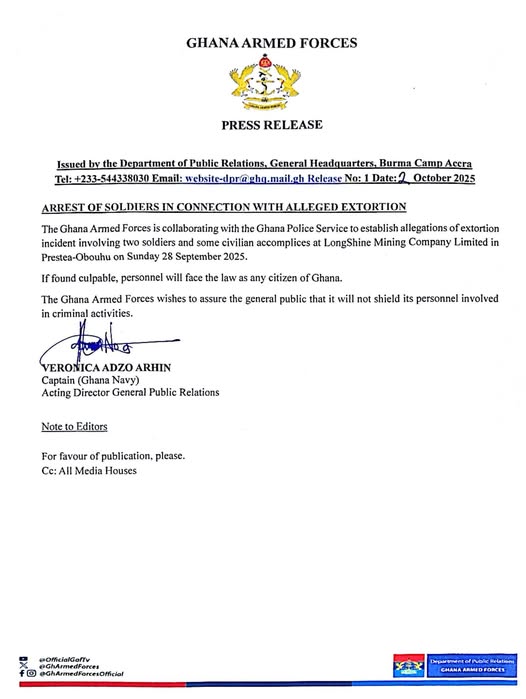 Ghana Armed Forces confirms arrest of two soldiers over alleged extortion at Prestea mining site
