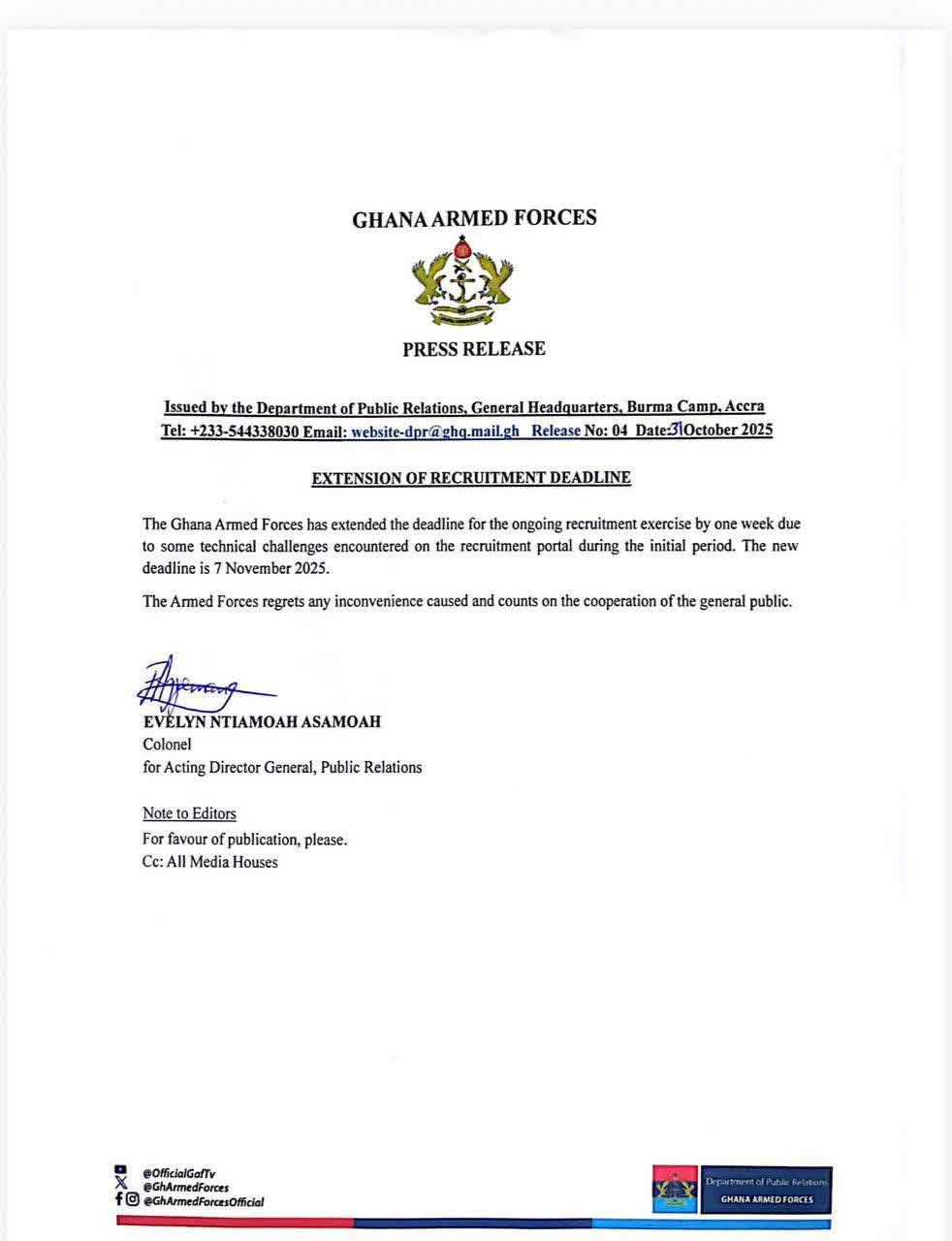 Ghana Armed Forces Extends Recruiment Deadline