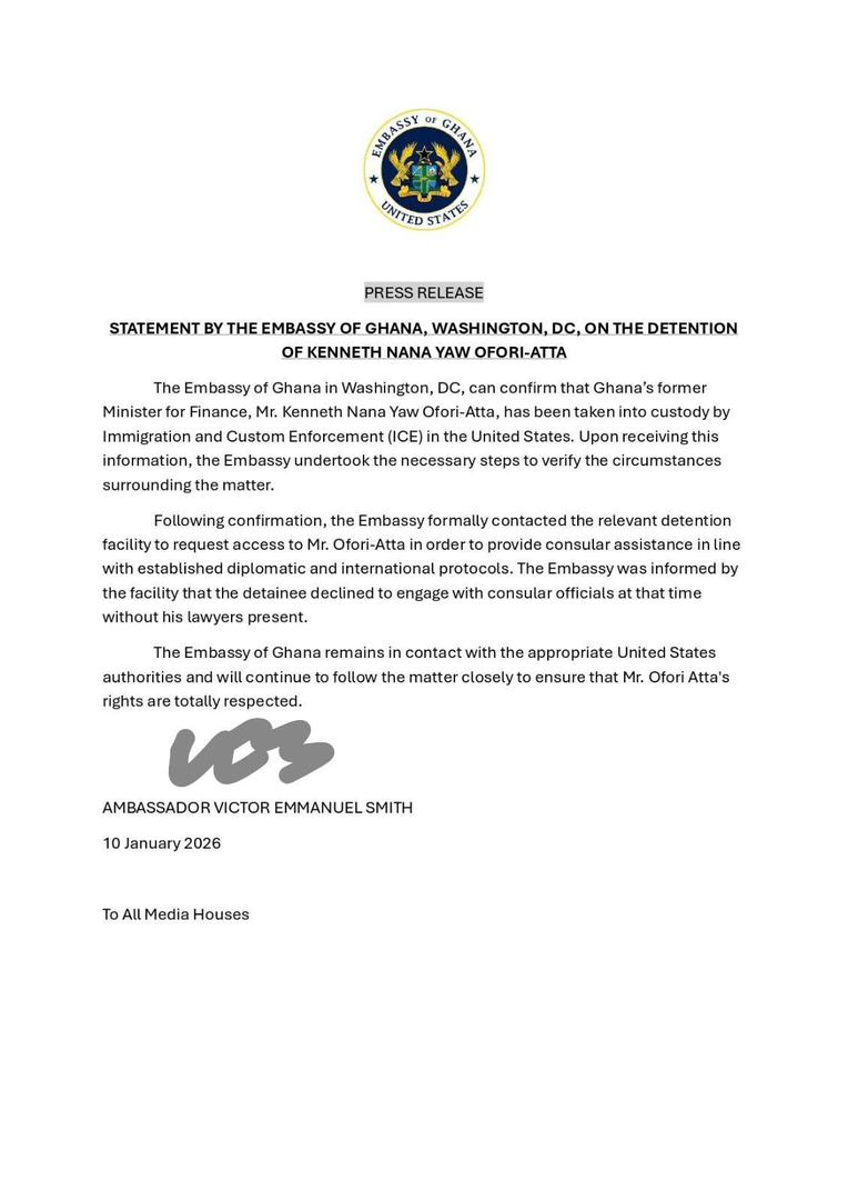 Ghana Embassy in Washington DC confirms detention of former Finance Minister in the United States